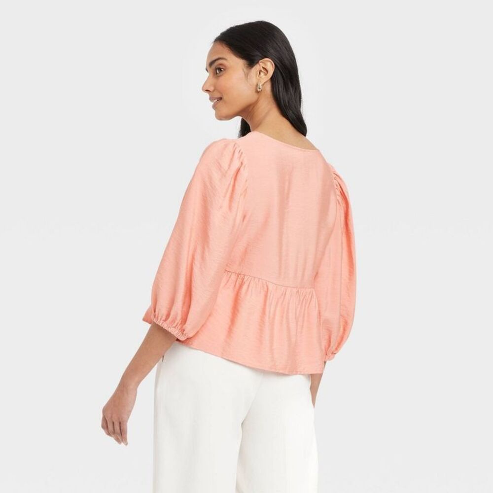 A New Day - Women's Elbow Sleeve Peplum Tie-Front Blouse - A N Pink - Picture 2 of 3